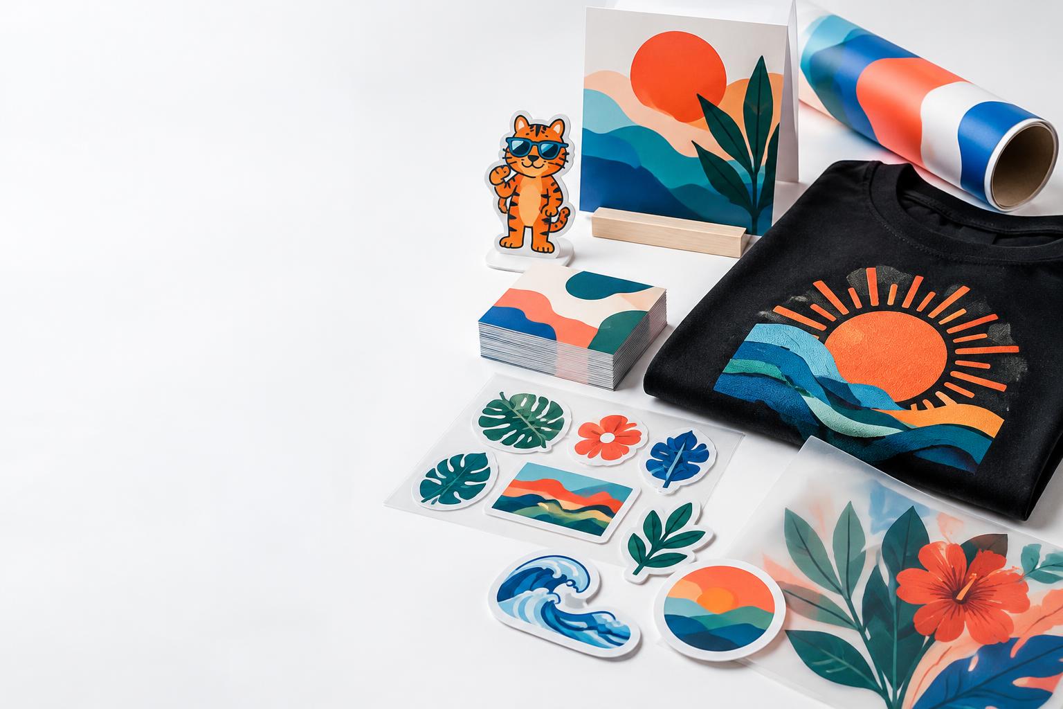 Custom stickers, business cards and print products arranged in the Onyx brand colors